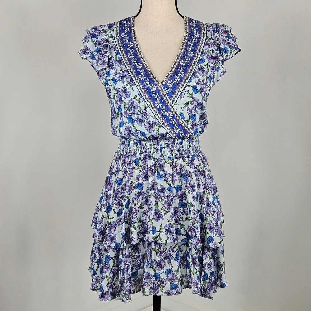Alice + Olivia Floral Tiered Ruffled Mini Shorts Romper Womens 4 Blue Purple